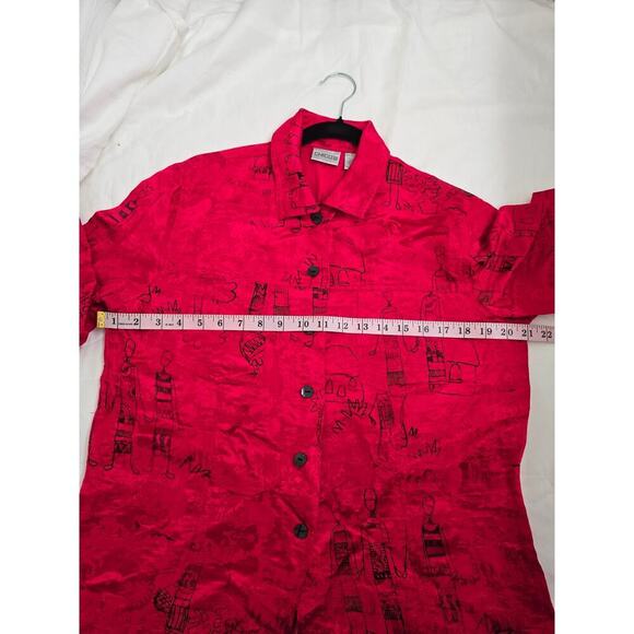 Chico's Linen Silk Blend Shirt Size 1 M Red Black Artsy Funky People Button Down - Picture 8 of 11